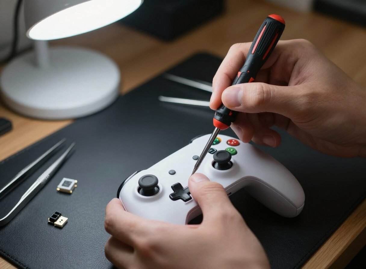 Technician repairing a game controller thumbstick module