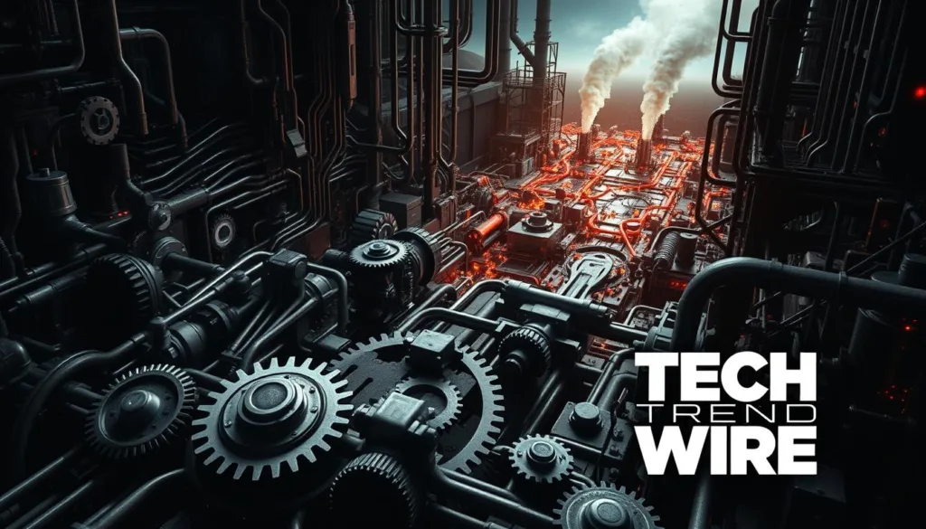 A complex maze of interlocking gears and circuits, representing the intricate design of an algorithm. The foreground features a central hub with cogs and levers, symbolizing the core processes. In the middle ground, a kaleidoscope of data streams and feedback loops, alluding to the dynamic nature of algorithmic decision-making. The background is a moody, industrial landscape with a bold "Tech Trend Wire" logo, conveying the high-stakes implications of algorithmic bias. Dramatic lighting and shadows cast an ominous tone, underscoring the need for careful examination and mitigation of biases in algorithm design.