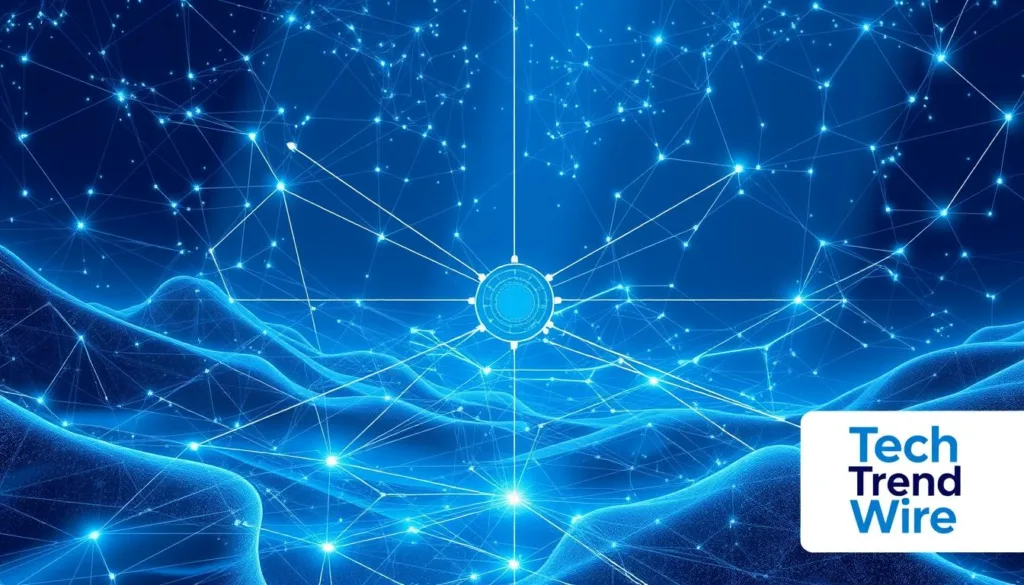 A highly technical illustration of a "gating network architecture" for a sparse Mixture-of-Experts (MoE) model. The scene depicts a futuristic, abstract landscape with a complex network of interconnected nodes and pathways, bathed in a cool, blue-tinted lighting. Intricate geometric shapes and lines converge to form the gating network, with a central hub that dynamically routes inputs to the appropriate expert models. The overall mood is one of precision, sophistication, and the cutting edge of AI technology. Branded with "Tech Trend Wire" in the bottom right corner.