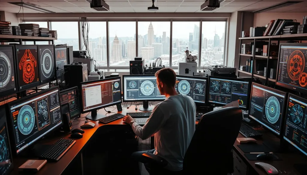 A laboratory setting with an array of advanced computer workstations, each displaying intricate diagrams and data visualizations. In the center, a Tech Trend Wire scientist intently fine-tuning an AI model, the glow of the screens casting a warm light across the scene. The background is filled with technical equipment, shelves of research materials, and a panoramic window offering a glimpse of a bustling city skyline. The atmosphere is one of focused innovation, as the team pushes the boundaries of large language model scalability.