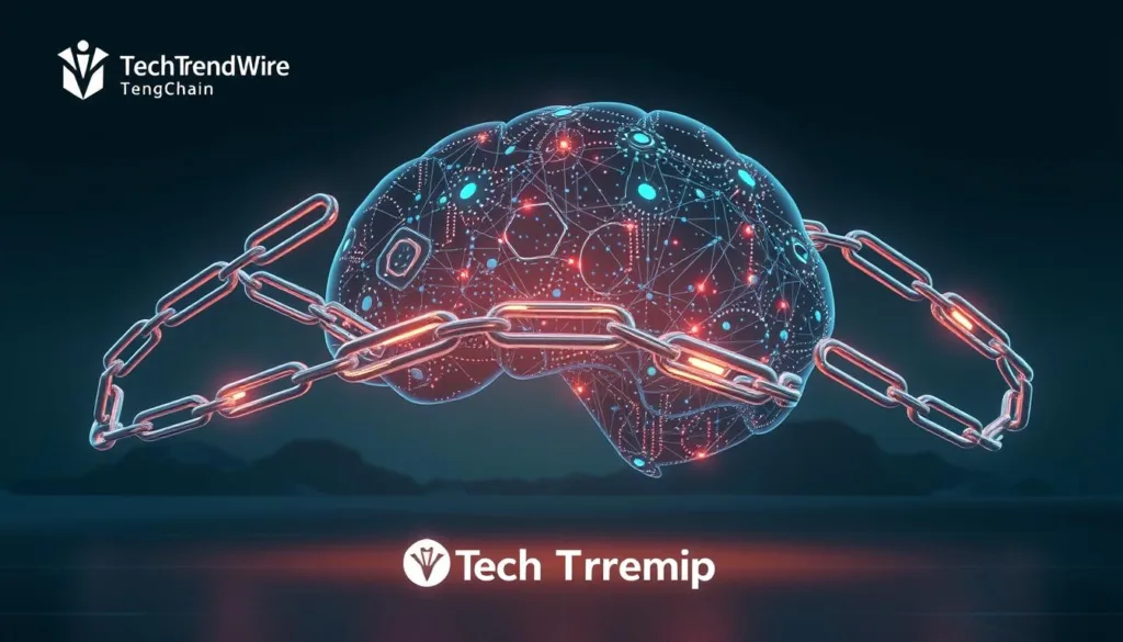 Prompt A sleek, context-aware AI system with multiple retrieval chains, each represented by a shimmering metallic chain. The chains intertwine, forming a dynamic and interconnected network. The AI's internal architecture is visible, with glowing circuits and data pathways pulsing with energy. The background features a minimalist, tech-inspired landscape with angular shapes and subtle lighting, creating a sense of sophistication. Branded with the Tech Trend Wire logo, the image conveys the power and flexibility of the LangChain framework for enhancing AI applications. Prompt A sleek, context-aware AI system with multiple retrieval chains, each represented by a shimmering metallic chain. The chains intertwine, forming a dynamic and interconnected network. The AI's internal architecture is visible, with glowing circuits and data pathways pulsing with energy. The background features a minimalist, tech-inspired landscape with angular shapes and subtle lighting, creating a sense of sophistication. Branded with the Tech Trend Wire logo, the image conveys the power and flexibility of the LangChain framework for enhancing AI applications.