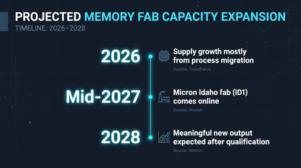 Timeline of memory fab capacity: 2026 upgrades, Micron's Idaho fab online mid-2027, meaningful new output around 2028.